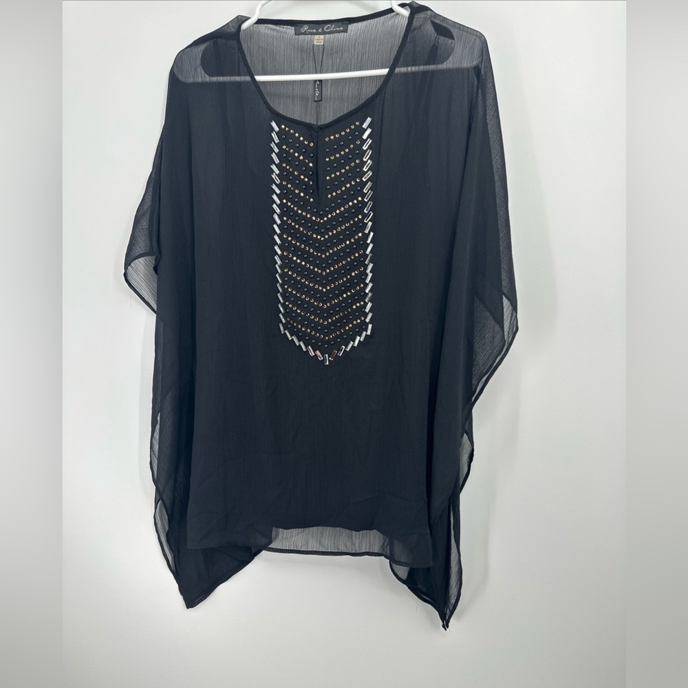Rose+Olive Sz Large Tunic Blouse Embellished Top Asymmetrical Semi Sheer W Tank